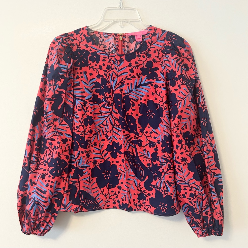 Lilly Pulitzer Lynnley Top Blouse Balloon Sleeve Ruby Red Heron My Own - Picture 2 of 5